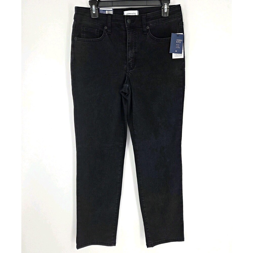 Crown & Ivy Women's Straight Jeans Black Dark Wash Stretch 5-Pocket Mid Rise 10